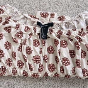 over the shoulder scrunched crop top, blouse. Cute for dressing up or casual